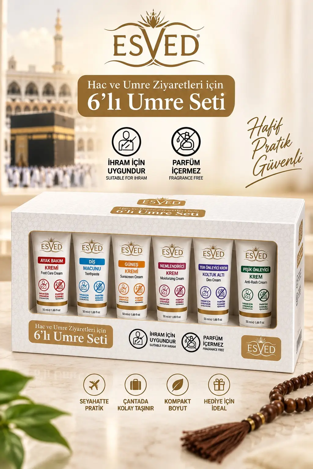 Esved Kokusuz ve Alkolsüz 6’lı Umre Seti – Hac ve Umre Bakım Seti 50 ML