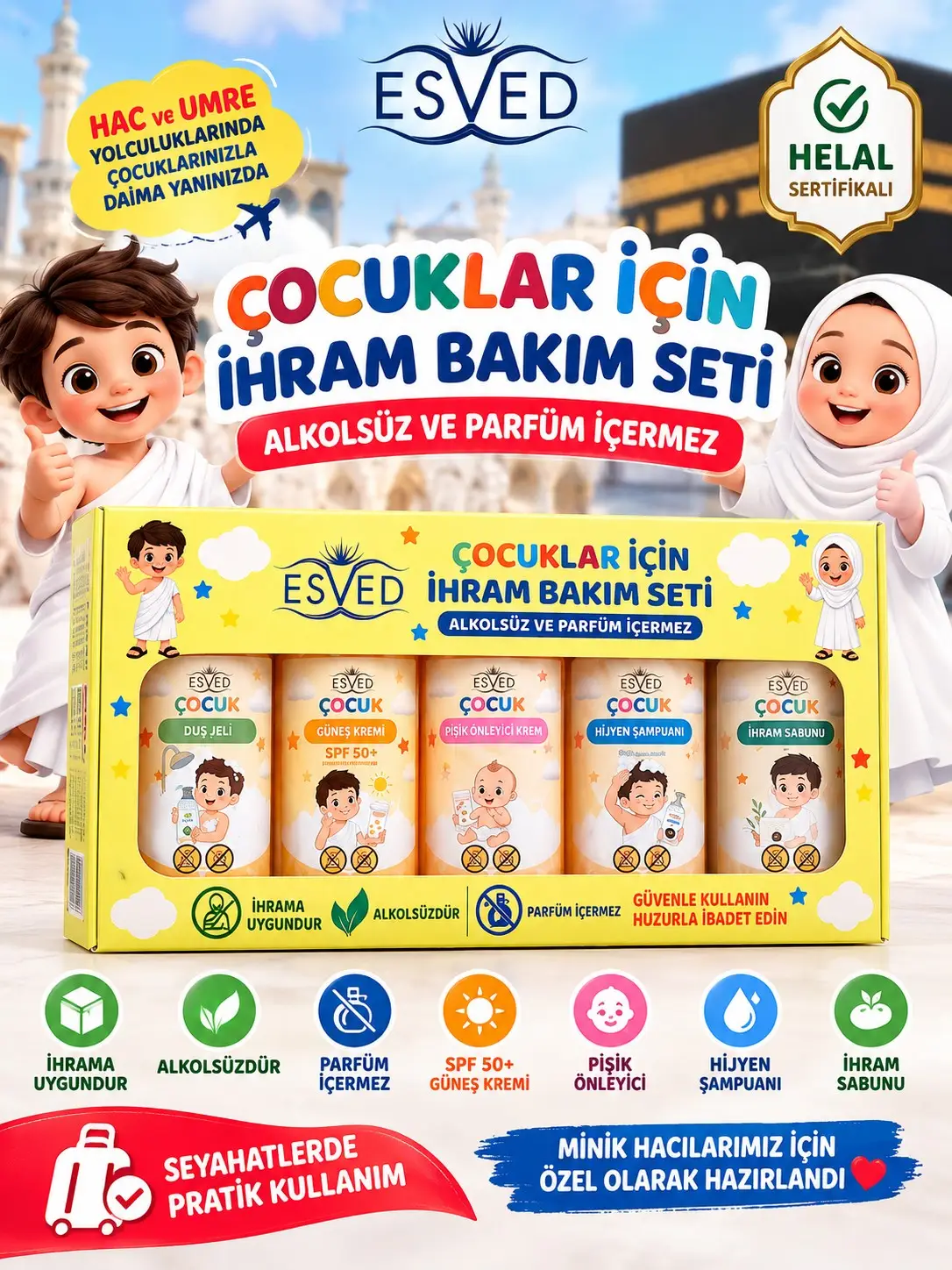 ESVED Çocuklar İçin İhram Bakım Seti 5 Parça – Alkolsüz, Parfüm İçermeyen, İhrama Uygun