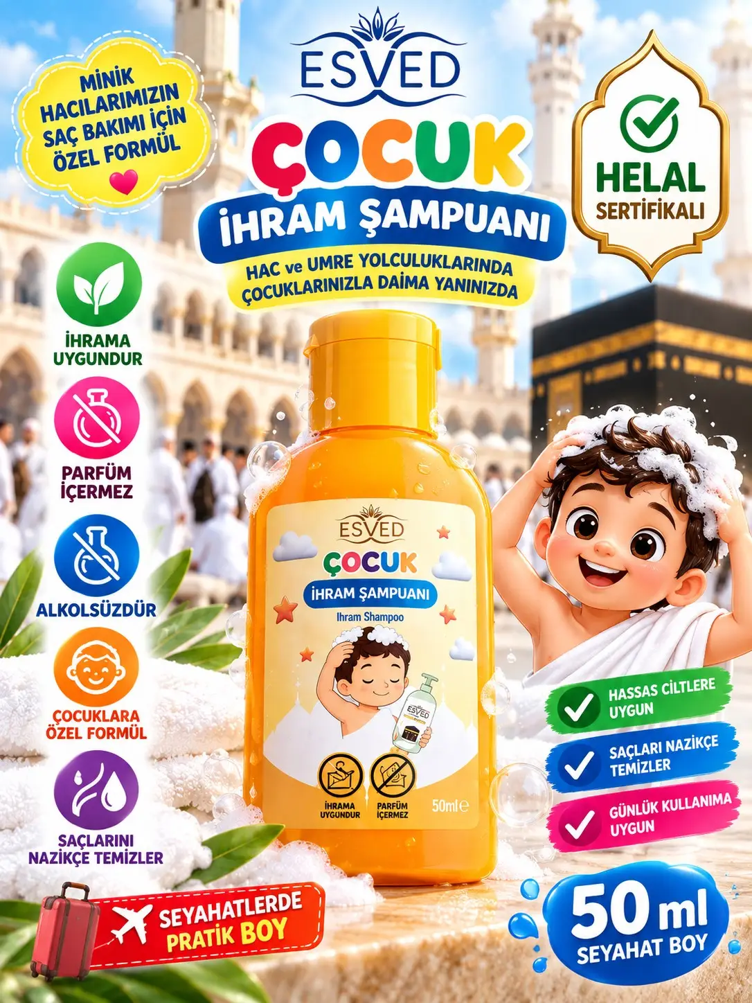 ESVED Çocuk İhram Şampuanı 50 ml – Helal Sertifikalı, Alkolsüz ve Parfüm İçermeyen Hac Umre Şampuanı