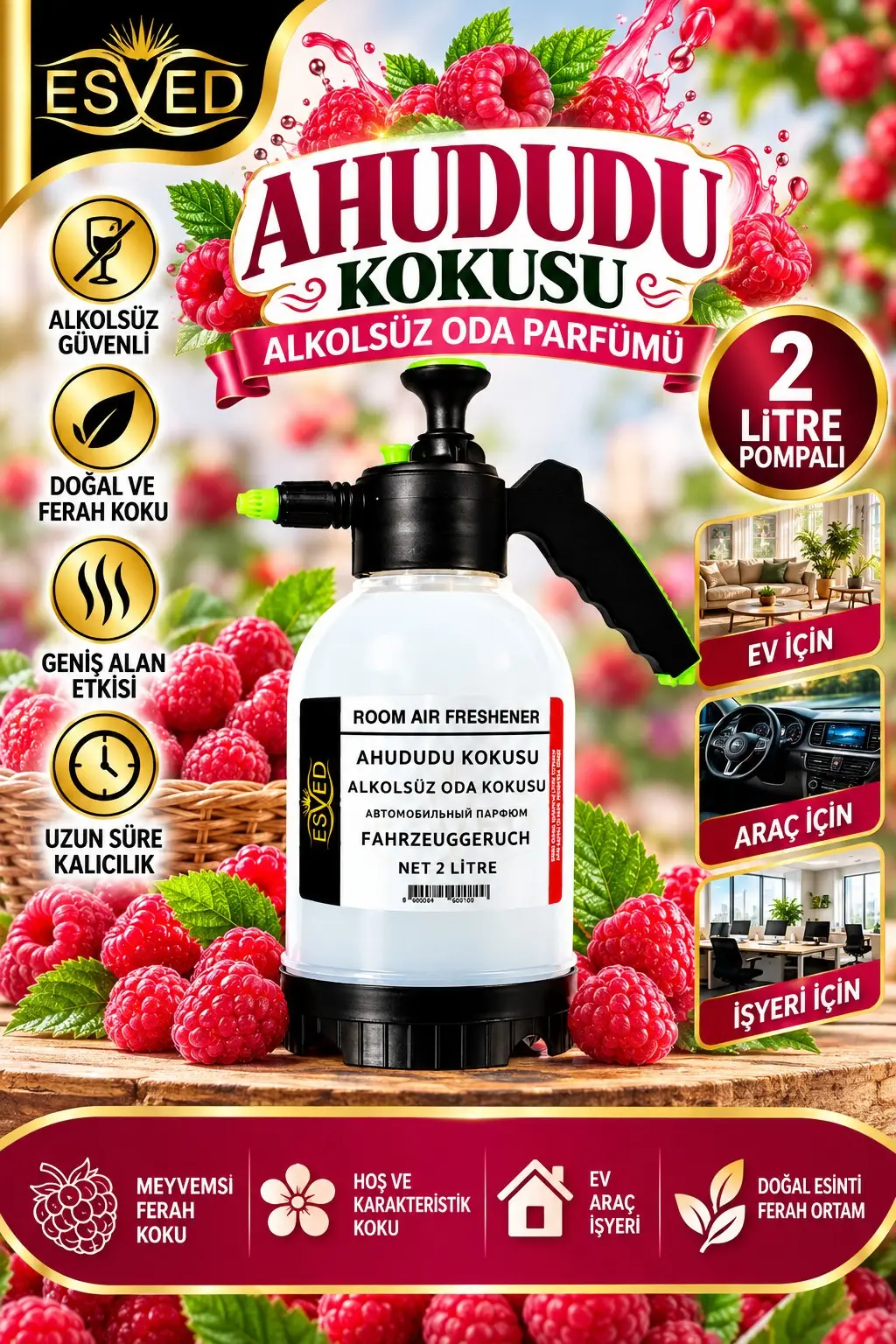 Ahududu Kokusu Alkolsüz Oda Parfümü, 2 Litre Pompalı Ortam Kokusu Araç, Ev ve İşyeri Kokusu
