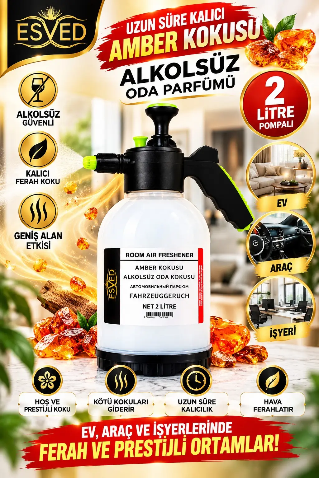 Amber Kokusu Alkolsüz Oda Parfümü, 2 Litre Pompalı Ortam Kokusu Araç, Ev ve İşyeri Kokusu
