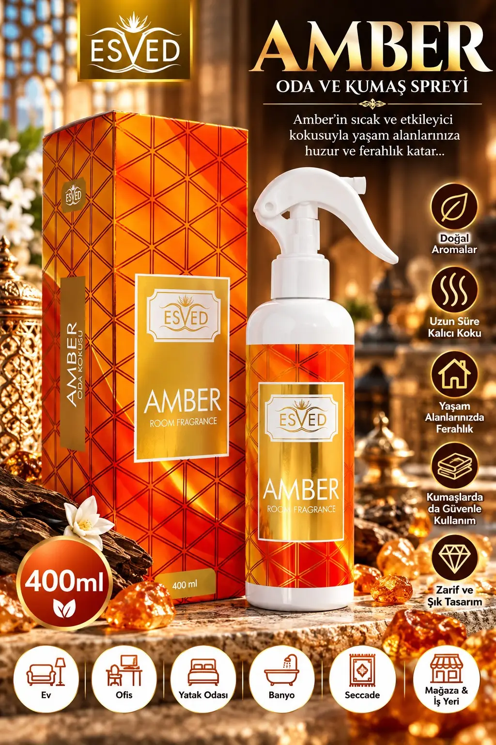 Amber Oda Ve Kumaş Spreyi Seccade Spreyi Oda Kokusu Koku 400 ml