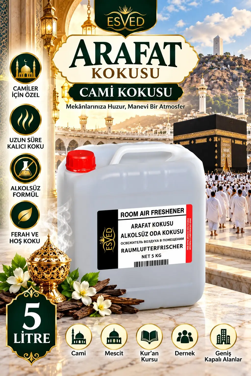 Arafat Kokusu Alkolsüz Oda Parfümü, Ortam Kokusu, Araç ve Ev Kokusu 5 Litre