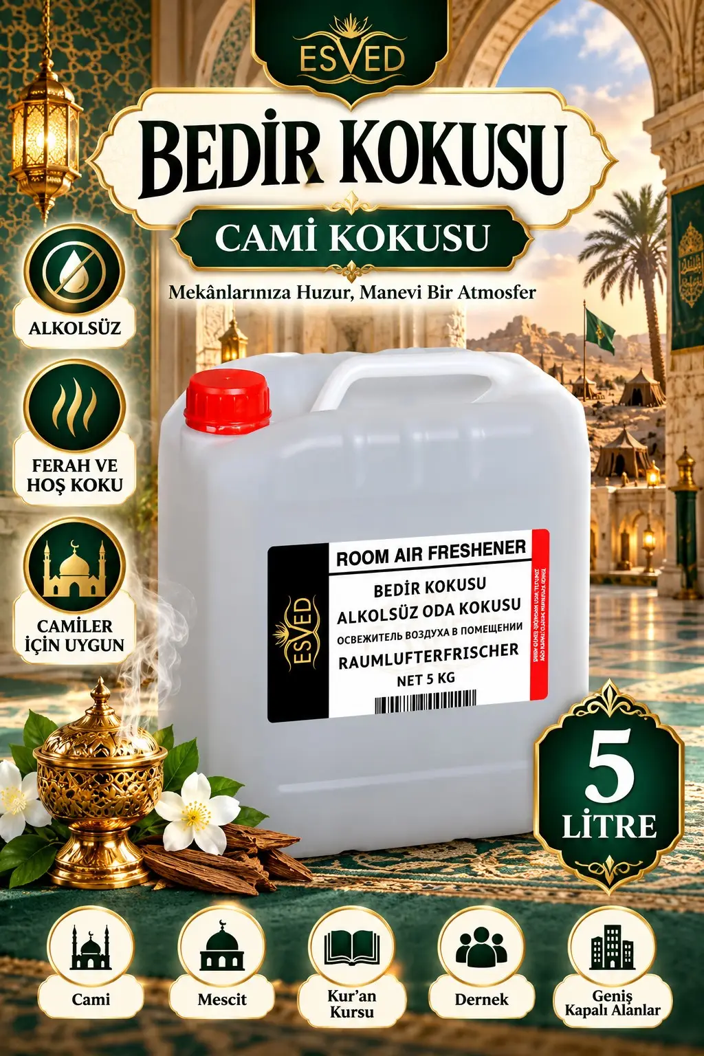 Bedir Kokusu Alkolsüz Oda Parfümü, Ortam Kokusu, Araç ve Ev Kokusu 5 Litre