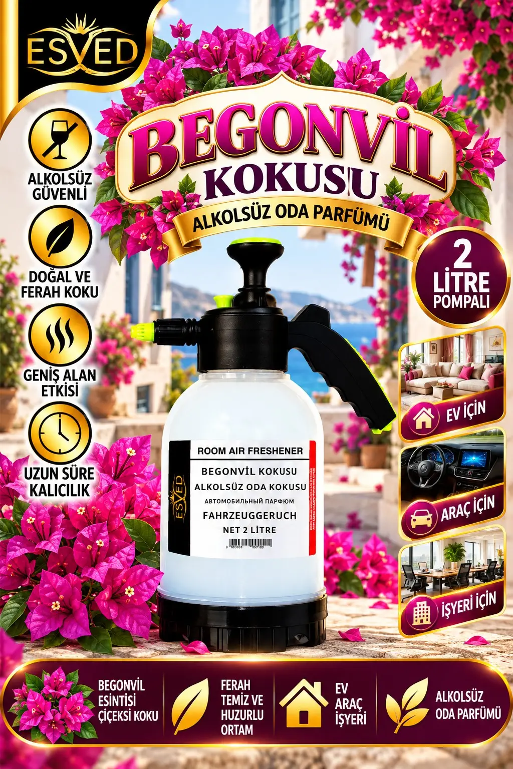 Begonvil Kokusu Alkolsüz Oda Parfümü, 2 Litre Pompalı Ortam Kokusu Araç, Ev ve İşyeri Kokusu