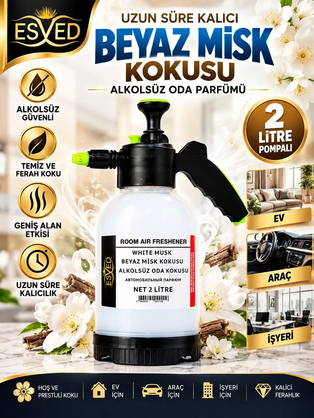Beyaz Misk Kokusu Alkolsüz Oda Parfümü, 2 Litre Pompalı Ortam Kokusu Araç, Ev ve İşyeri Kokusu
