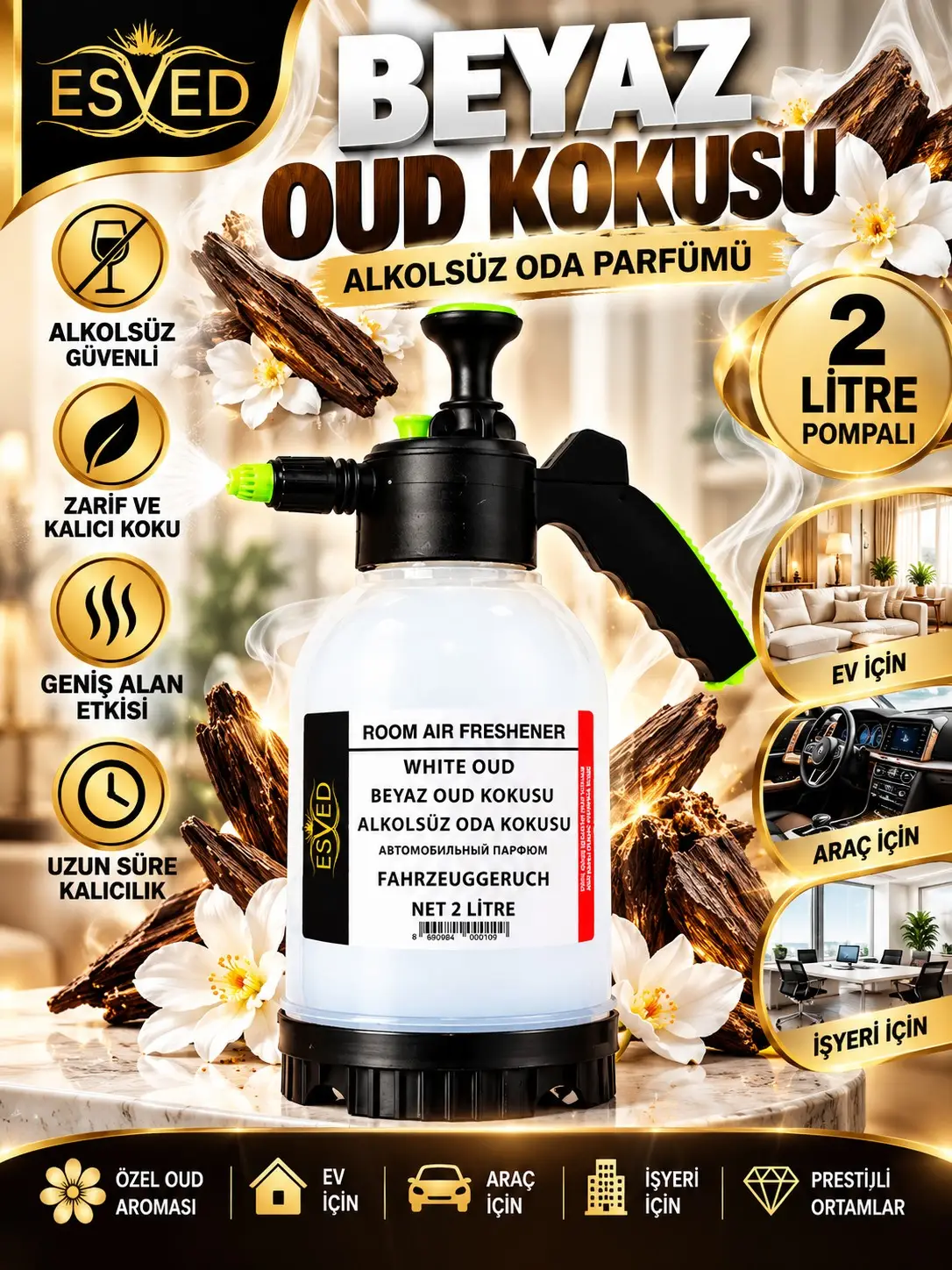 Beyaz Oud Kokusu Alkolsüz Oda Parfümü, 2 Litre Pompalı Ortam Kokusu Araç, Ev ve İşyeri Kokusu