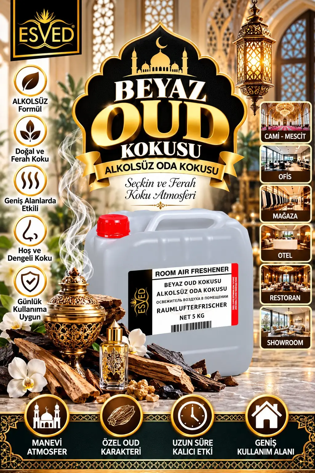 Beyaz Oud Kokusu Alkolsüz Ofis Ve işyeri Kokusu 5 Litre