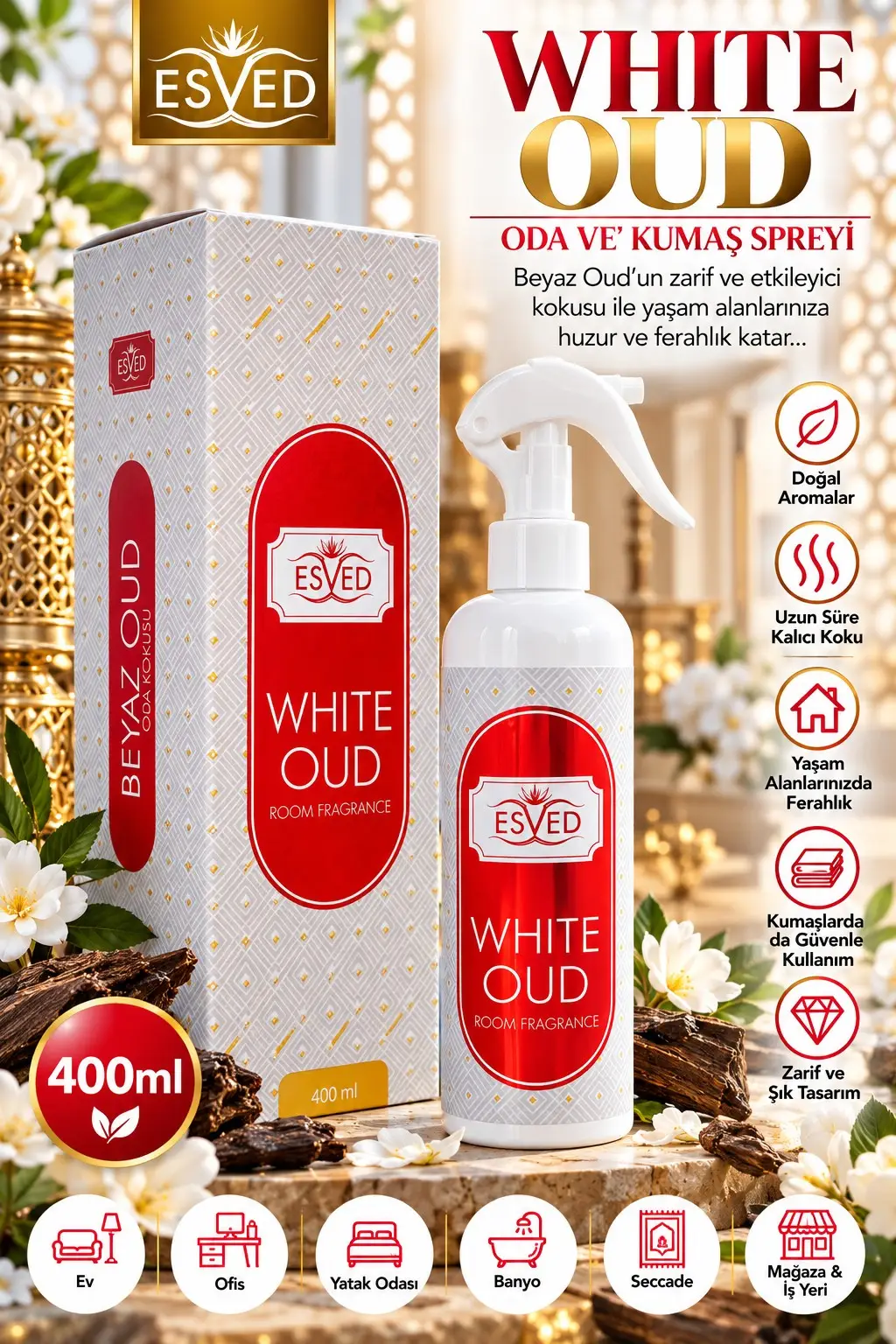 Beyaz Oud & White Oud Oda Ve Kumaş Spreyi Seccade Spreyi Oda Kokusu Koku 400 ml