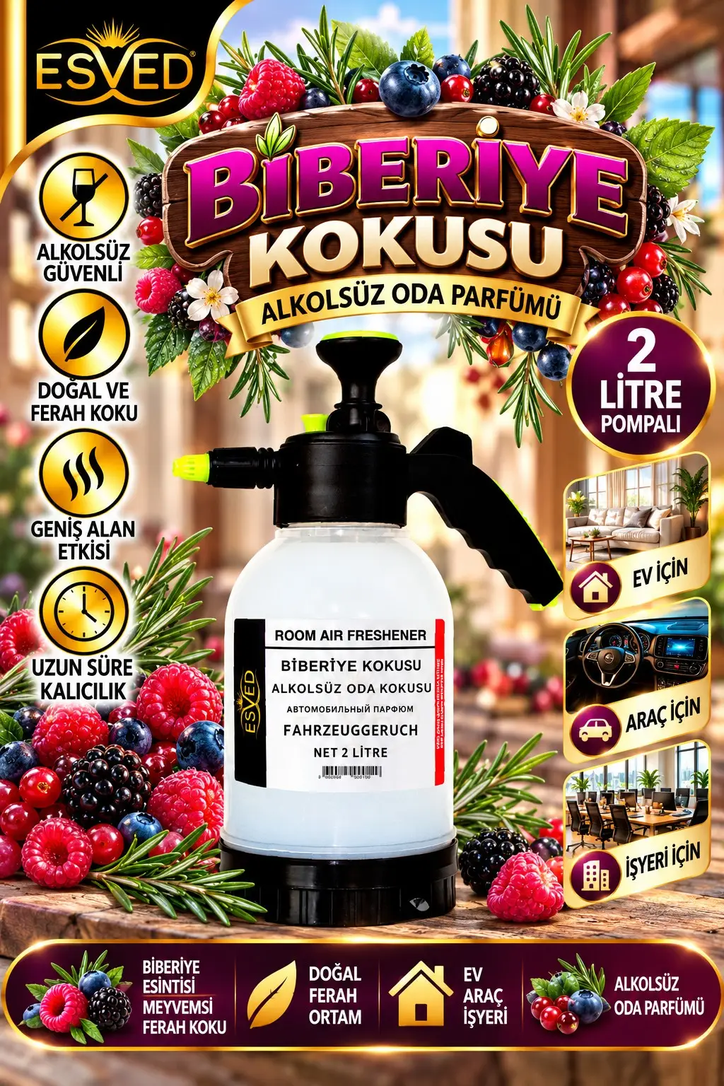 Biberiye Kokusu Alkolsüz Oda Parfümü, 2 Litre Pompalı Ortam Kokusu Araç, Ev ve İşyeri Kokusu