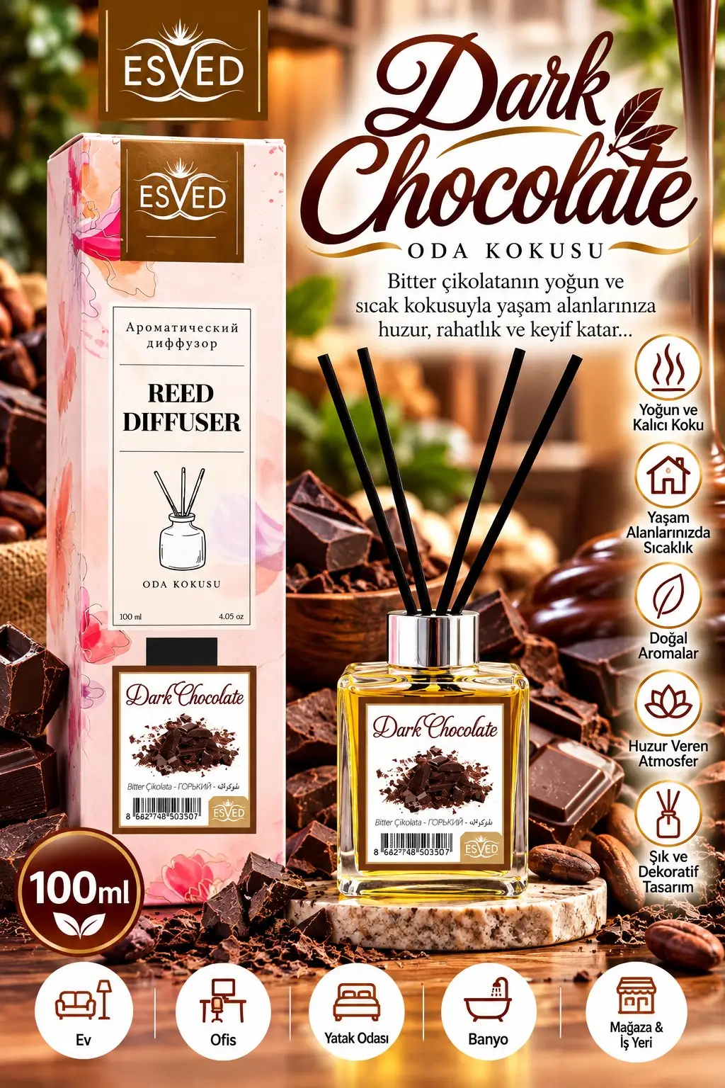 Bitter Çikolata Kokusu 100 Ml Çubuklu Oda Kokusu
