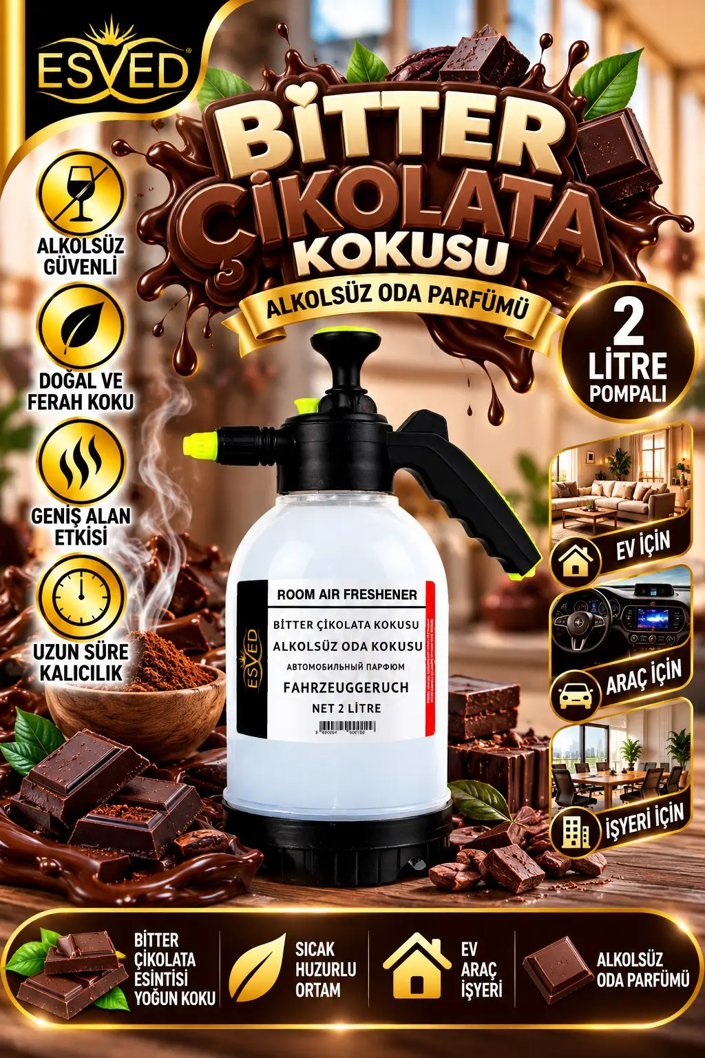 Bitter Çikolata Kokusu Alkolsüz Oda Parfümü, 2 Litre Pompalı Ortam Kokusu Araç, Ev ve İşyeri Kokusu