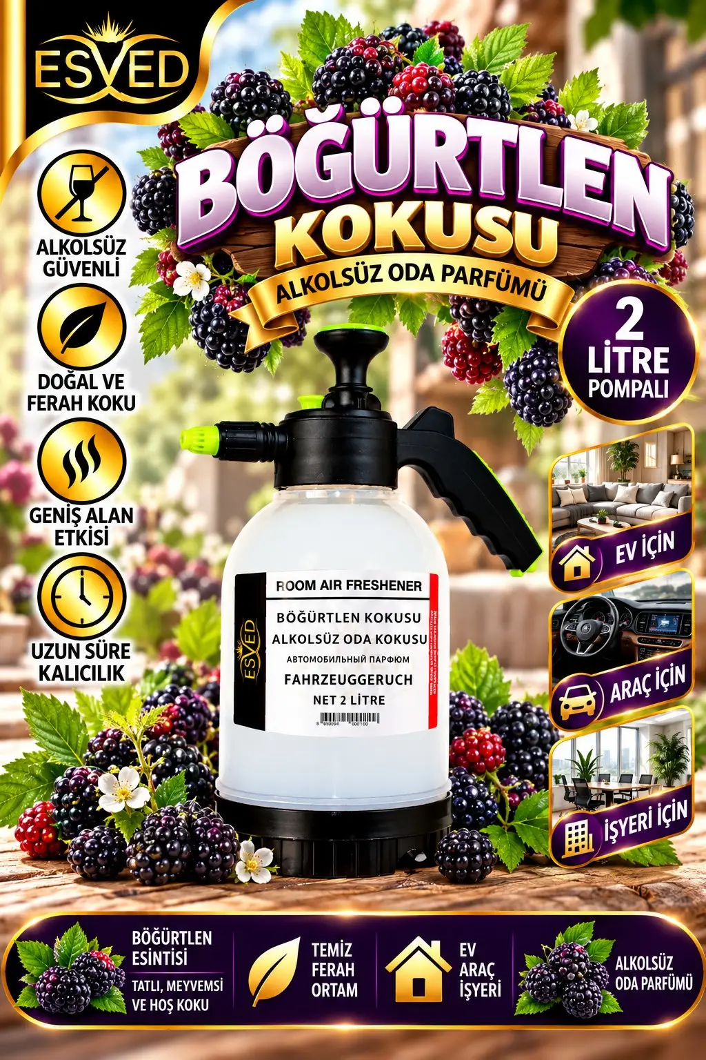 Böğürtlen Kokusu Alkolsüz Oda Parfümü, 2 Litre Pompalı Ortam Kokusu Araç, Ev ve İşyeri Kokusu