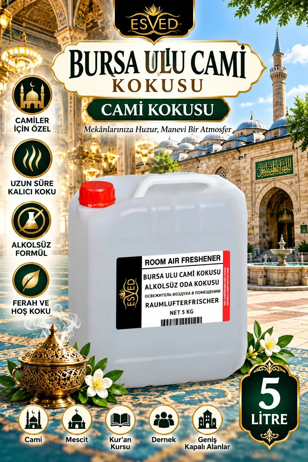 Bursa Ulu Cami Kokusu Alkolsüz Oda Parfümü, Ortam Kokusu, Araç ve Ev Kokusu 5 Litre