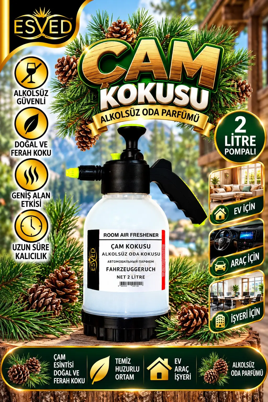 Çam Kokusu Alkolsüz Oda Parfümü, 2 Litre Pompalı Ortam Kokusu Araç, Ev ve İşyeri Kokusu