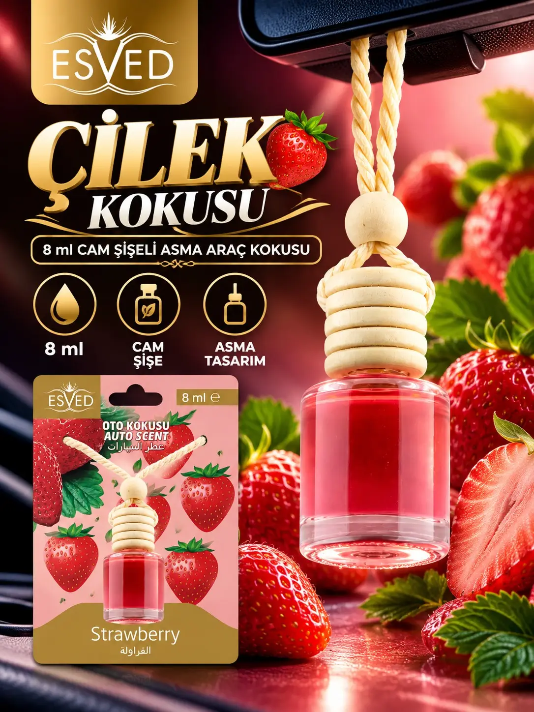 Çilek Kokusu 8 Ml Araba Kokusu Cam Şişe