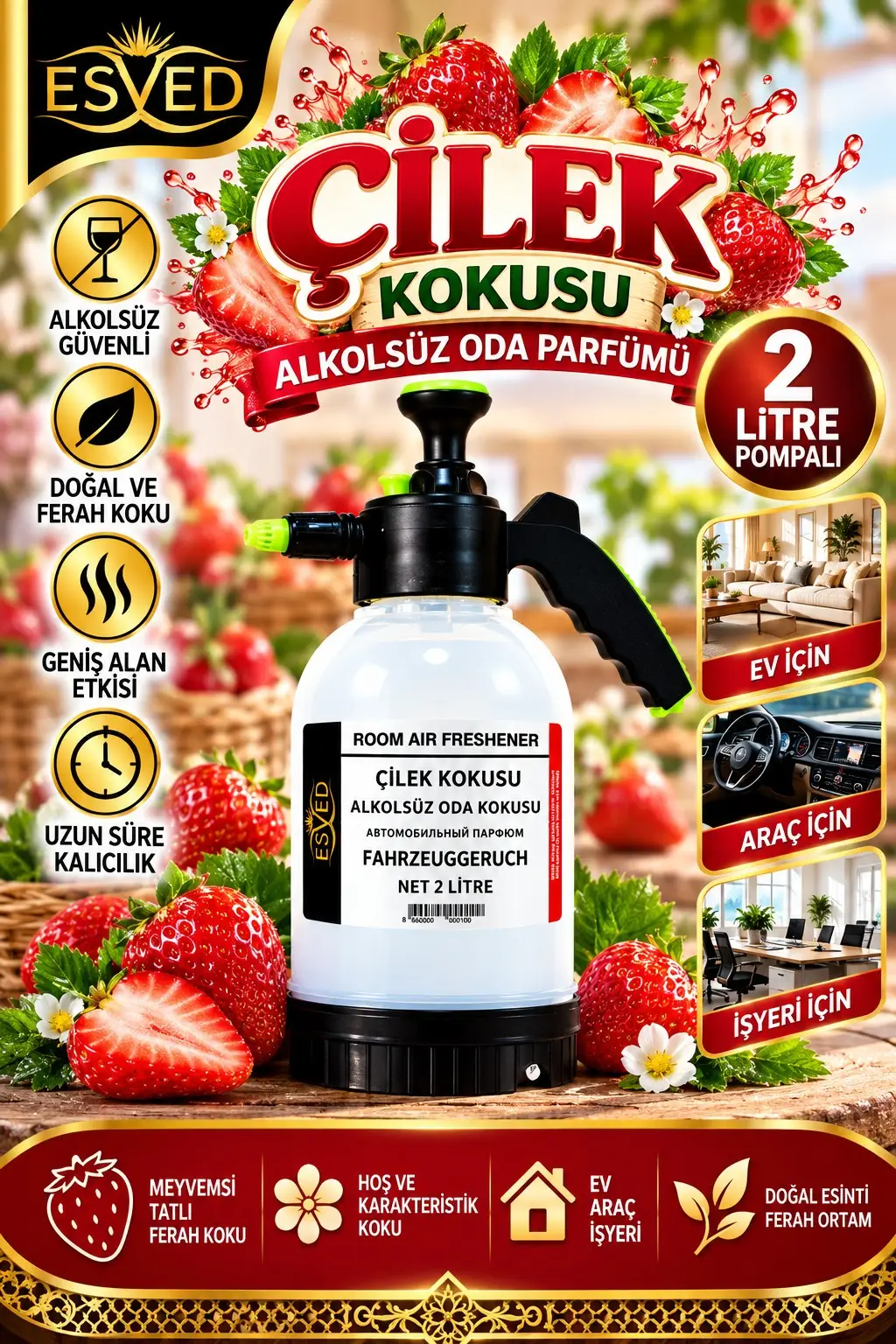 Çilek Kokusu Alkolsüz Oda Parfümü, 2 Litre Pompalı Ortam Kokusu Araç, Ev ve İşyeri Kokusu