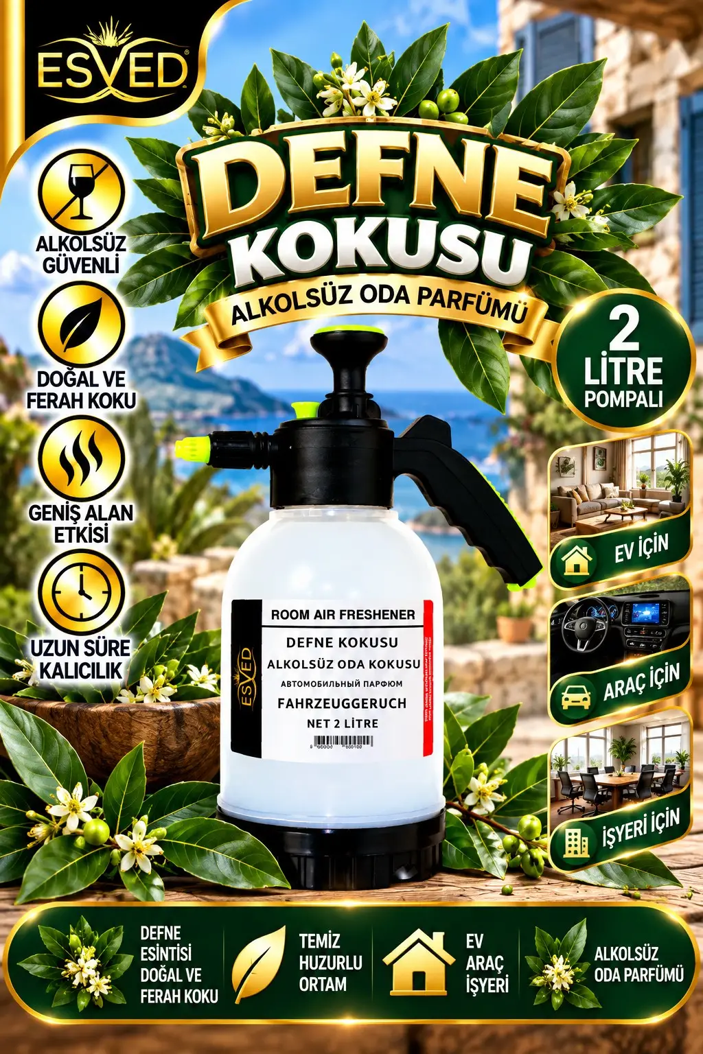 Defne Kokusu Alkolsüz Oda Parfümü, 2 Litre Pompalı Ortam Kokusu Araç, Ev ve İşyeri Kokusu