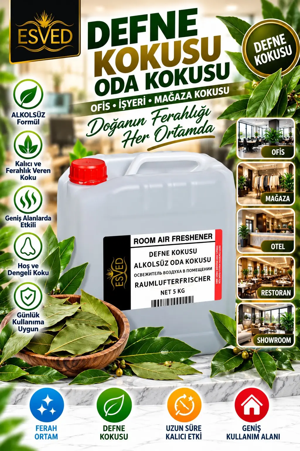 Defne Kokusu Alkolsüz Ofis Ve işyeri Kokusu 5 Litre Defne Kokusu Alkolsüz Ofis Ve işyeri Kokusu 5 Litre