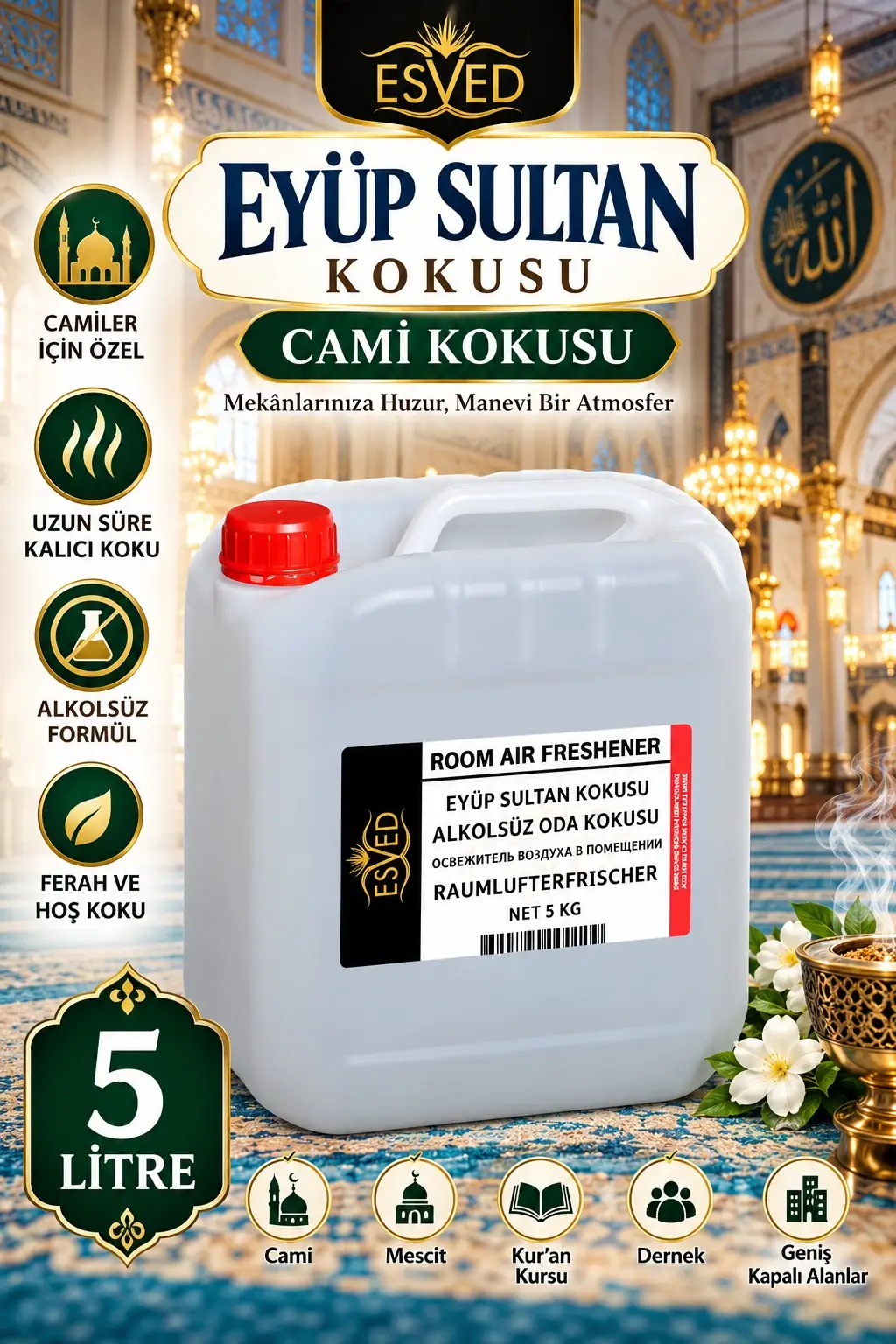Eyüp Sultan Kokusu Alkolsüz Oda Parfümü, Ortam Kokusu, Araç ve Ev Kokusu 5 Litre