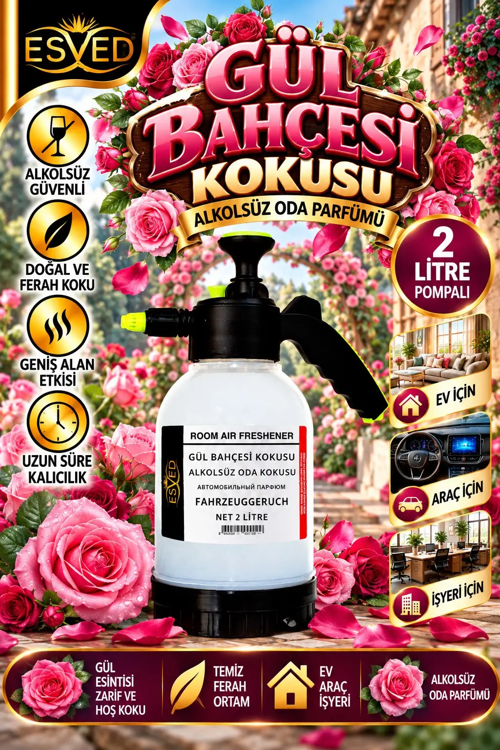 Gül Bahçesi Kokusu Alkolsüz Oda Parfümü, 2 Litre Pompalı Ortam Kokusu Araç, Ev ve İşyeri Kokusu