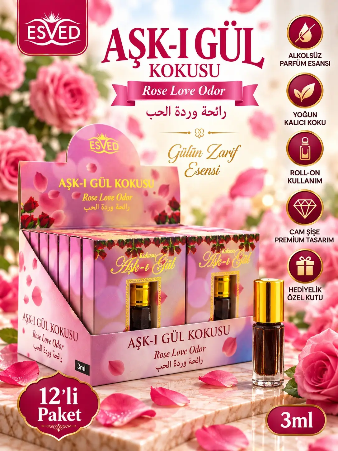 Gül Kokusu Alkolsüz Esans 3ml 12li Paket