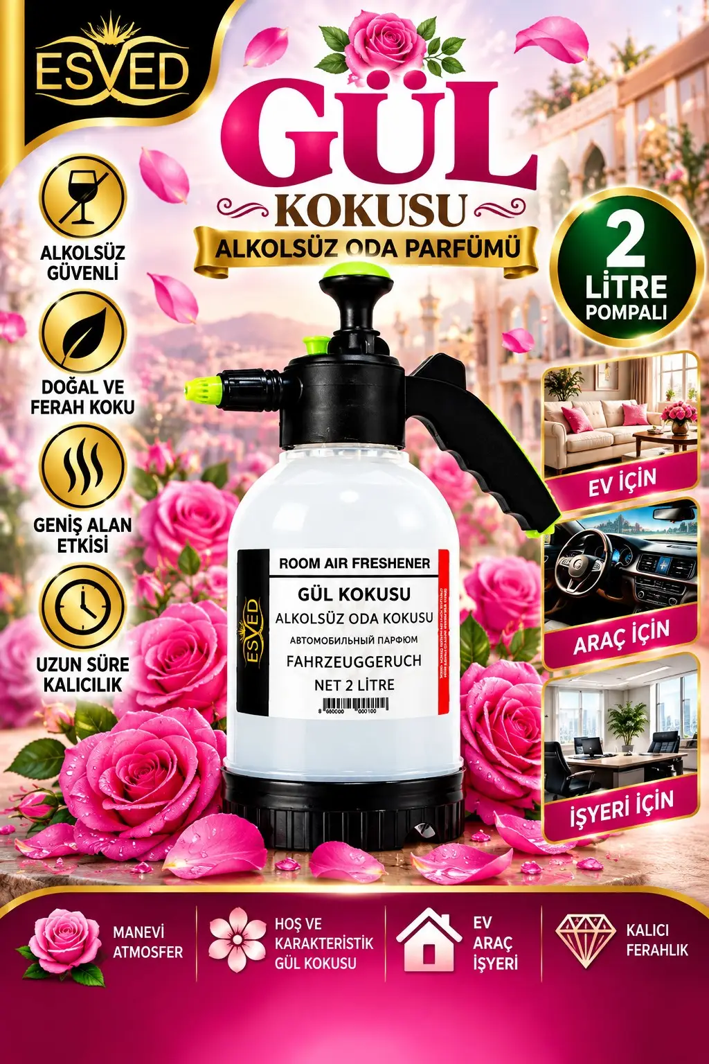 Gül Kokusu Alkolsüz Oda Parfümü, 2 Litre Pompalı Ortam Kokusu Araç, Ev ve İşyeri Kokusu