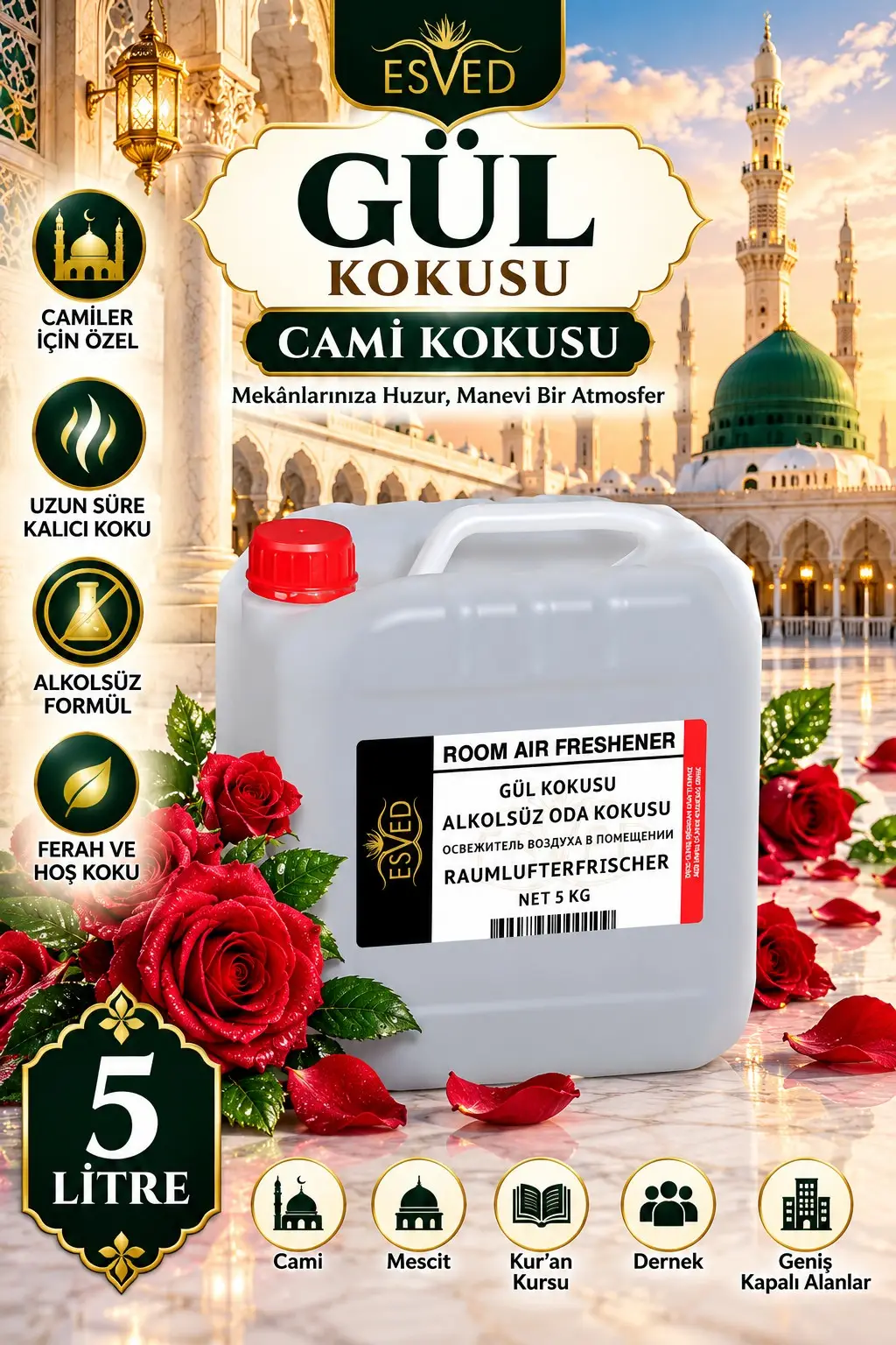 Gül Kokusu Alkolsüz Oda Parfümü, Ortam Kokusu, Araç ve Ev Kokusu 5 Litre