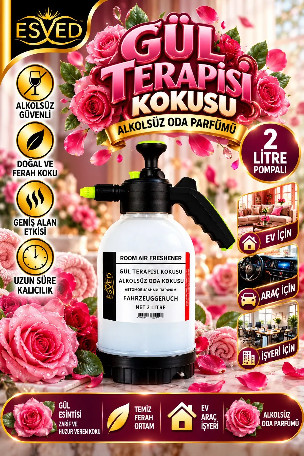 Gül Terapisi Kokusu Alkolsüz Oda Parfümü, 2 Litre Pompalı Ortam Kokusu Araç, Ev ve İşyeri Kokusu