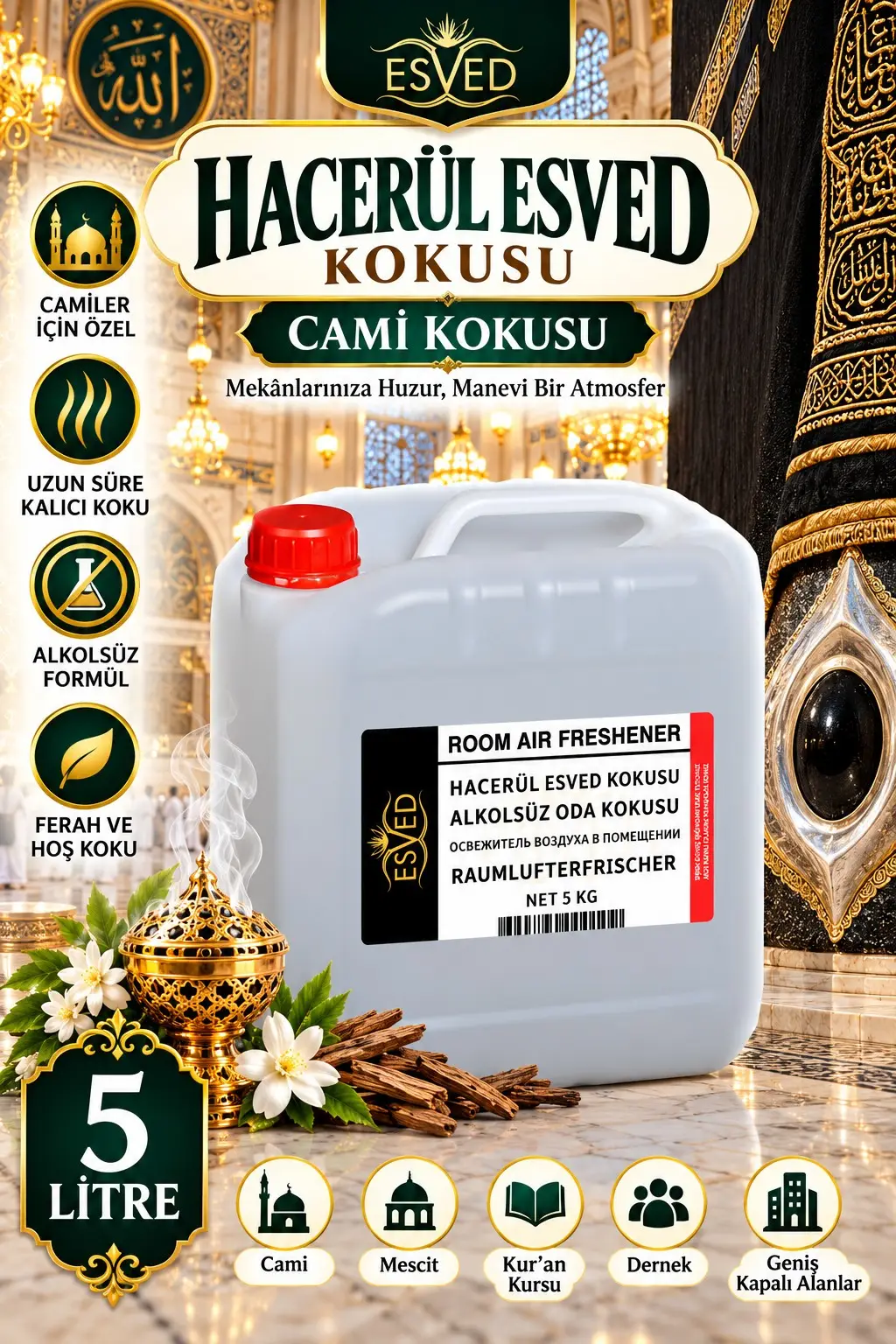 Hacerül Esved Kokusu Alkolsüz Oda Parfümü, Ortam Kokusu, Araç ve Ev Kokusu 5 Litre
