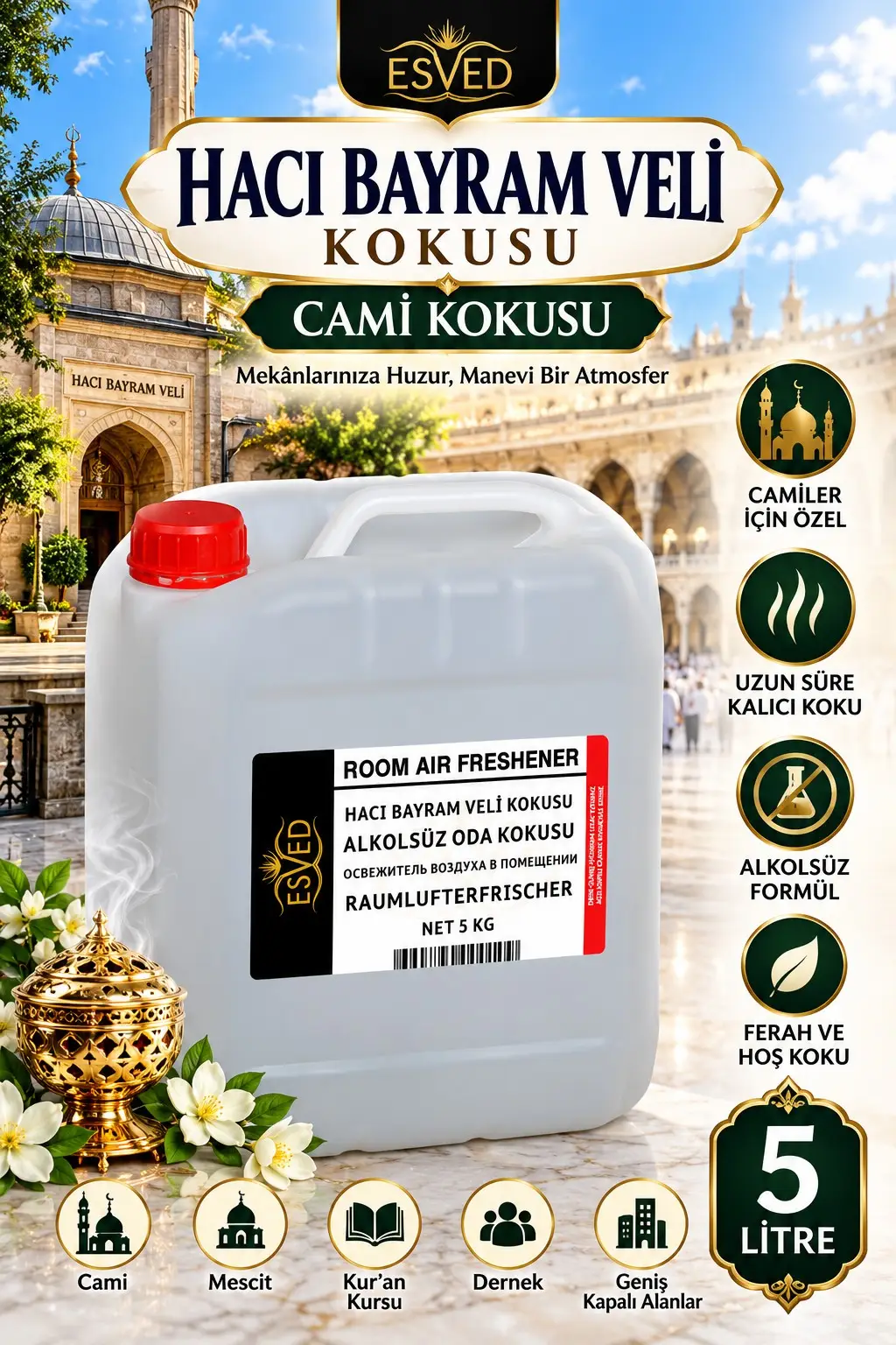 Hacı Bayram Veli Kokusu Alkolsüz Oda Parfümü, Ortam Kokusu, Araç ve Ev Kokusu 5 Litre