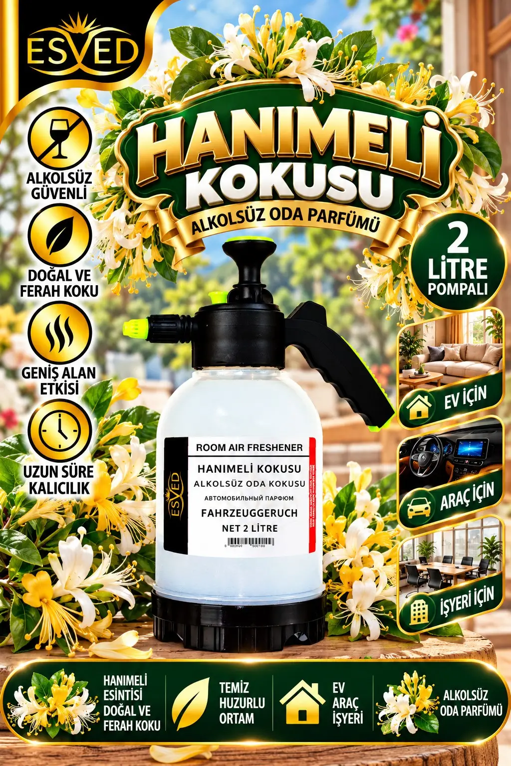 Hanımeli Kokusu Kokusu Alkolsüz Oda Parfümü, 2 Litre Pompalı Ortam Kokusu Araç, Ev ve İşyeri Kokusu