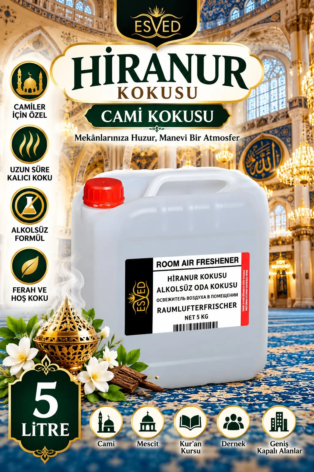 Hiranur Kokusu Alkolsüz Oda Parfümü, Ortam Kokusu, Araç ve Ev Kokusu 5 Litre