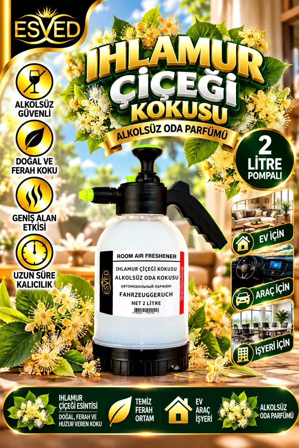 Ihlamur Çiçeği Kokusu Alkolsüz Oda Parfümü, 2 Litre Pompalı Ortam Kokusu Araç, Ev ve İşyeri Kokusu
