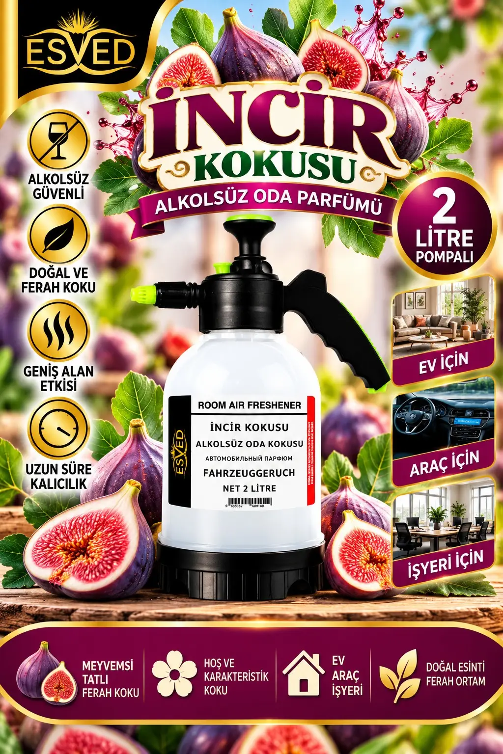 İncir Kokusu Alkolsüz Oda Parfümü, 2 Litre Pompalı Ortam Kokusu Araç, Ev ve İşyeri Kokusu