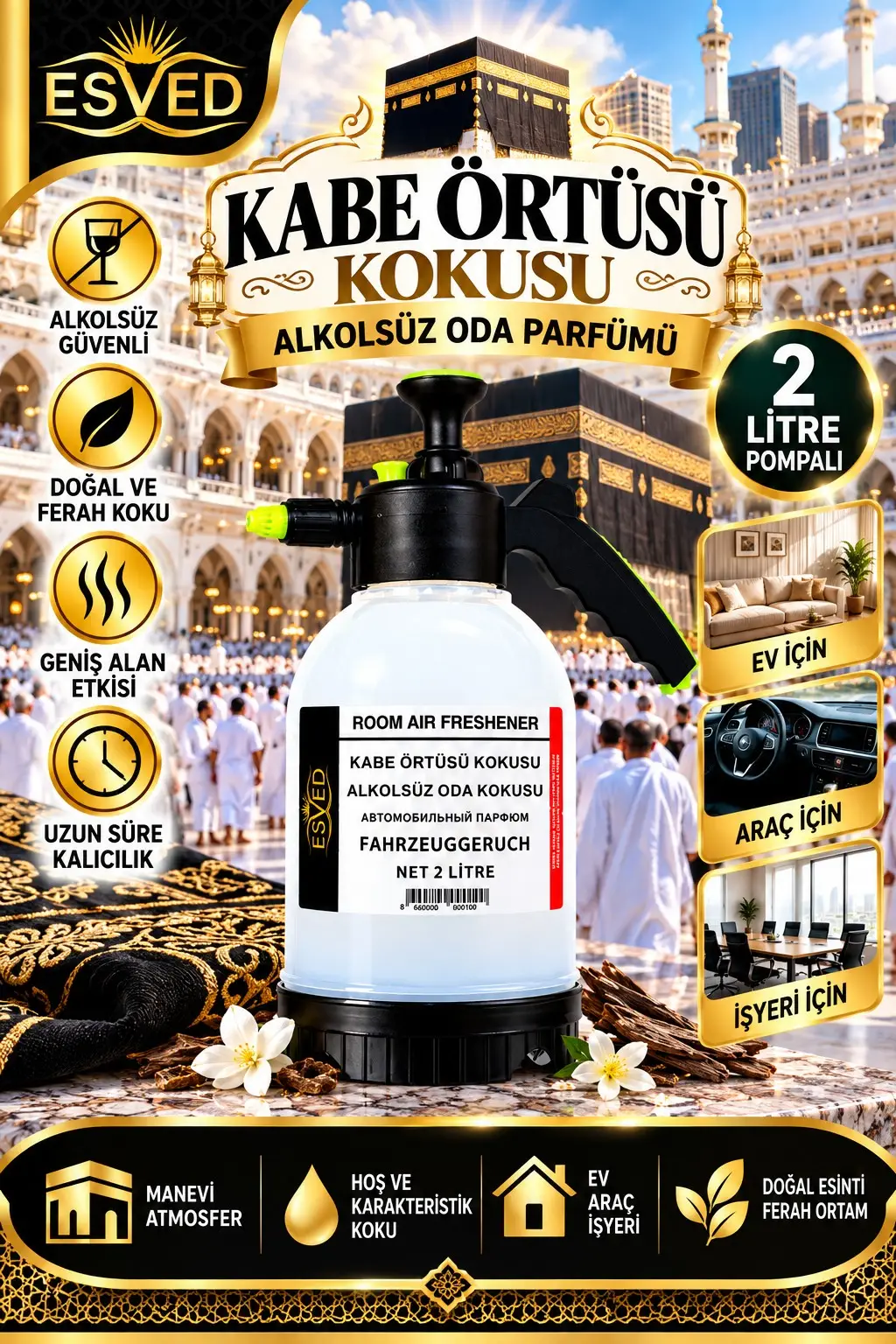 Kabe Örtüsü Kokusu Alkolsüz Oda Parfümü, 2 Litre Pompalı Ortam Kokusu Araç, Ev ve İşyeri Kokusu