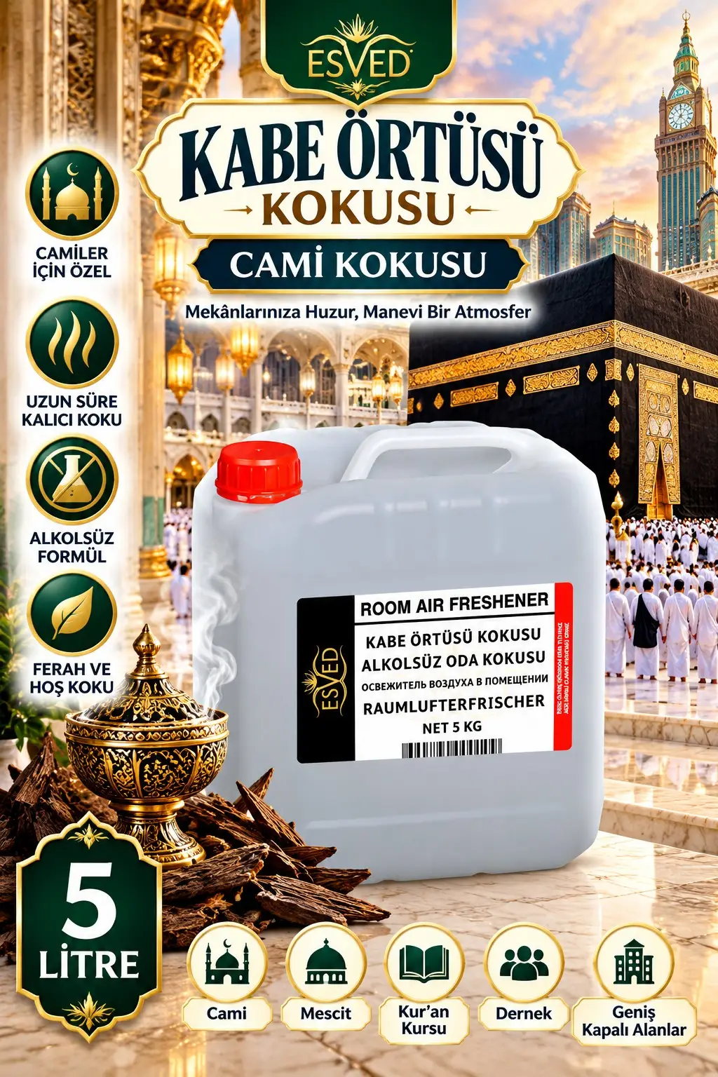 Kabe Örtüsü Kokusu Alkolsüz Oda Parfümü, Ortam Kokusu, Araç ve Ev Kokusu 5 Litre
