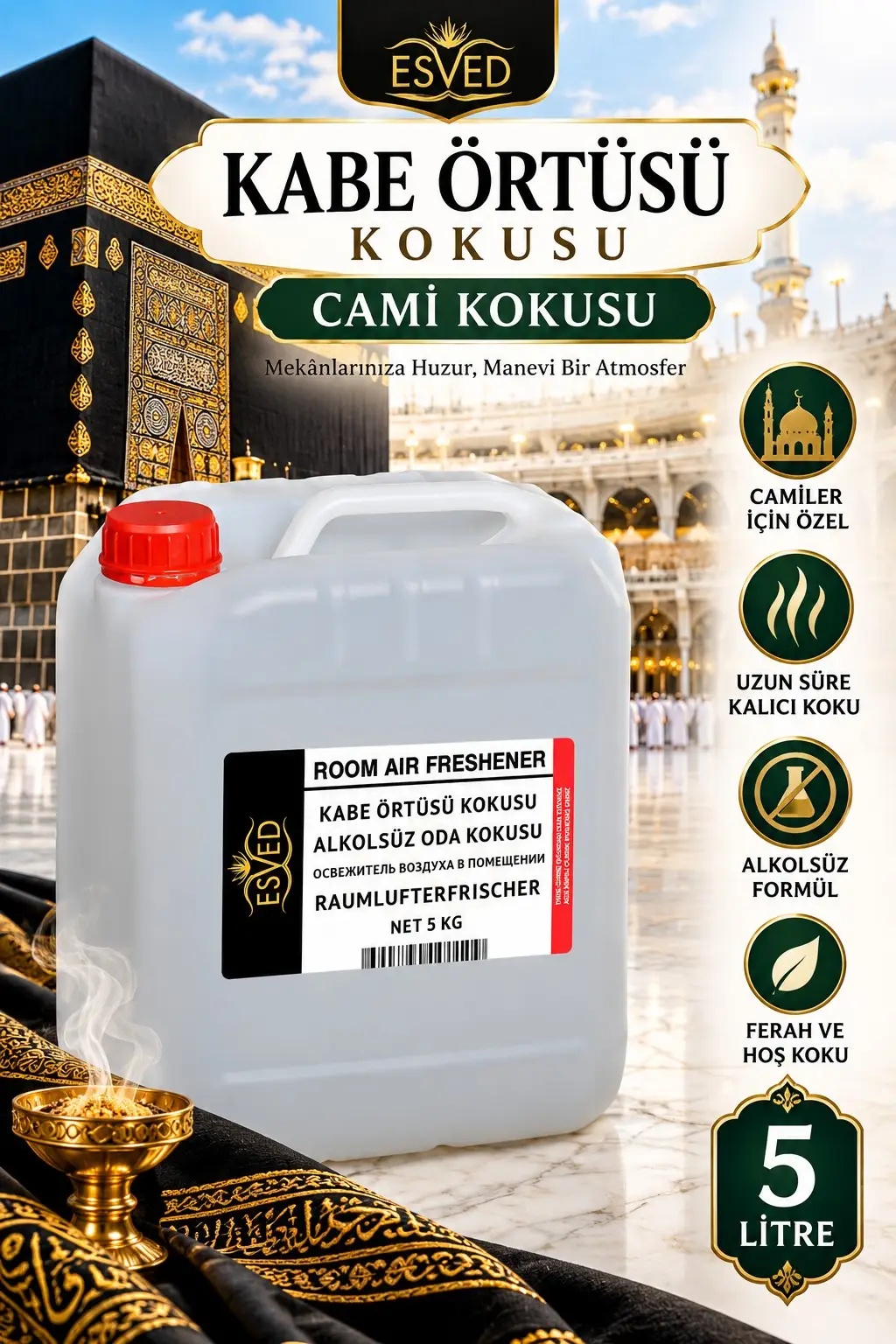 Kabe Örtüsü Kokusu Alkolsüz Ortam Kokusu 5 Litre – Premium Kalıcı Ev, Araç ve İbadet Kokusu