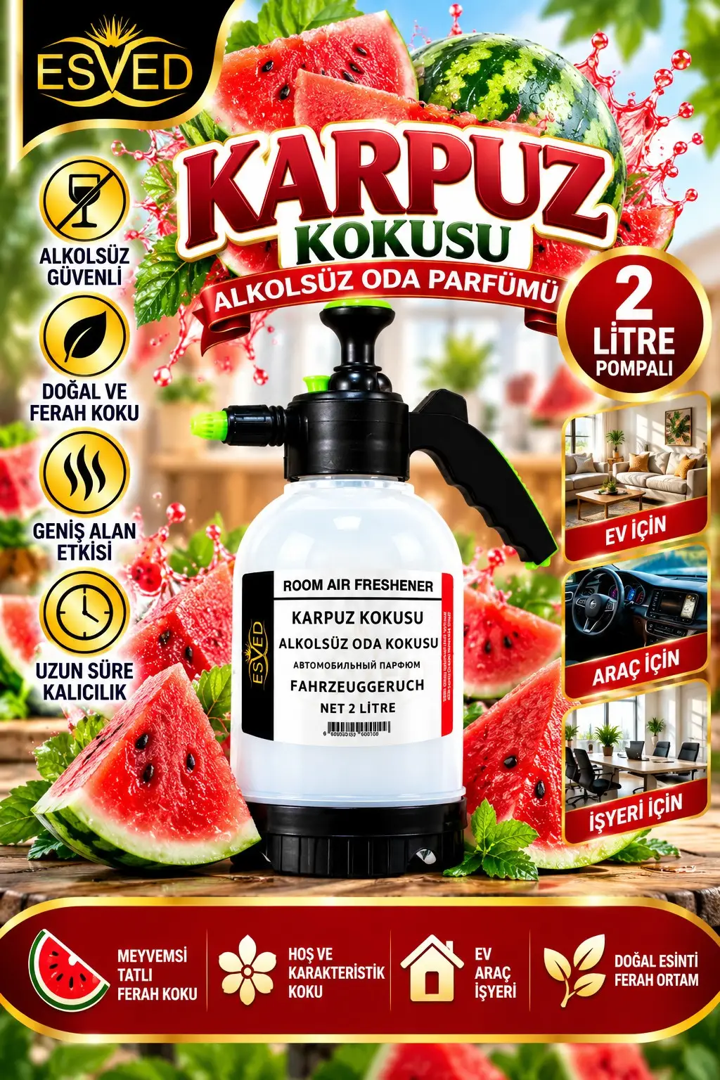Karpuz Kokusu Alkolsüz Oda Parfümü, 2 Litre Pompalı Ortam Kokusu Araç, Ev ve İşyeri Kokusu
