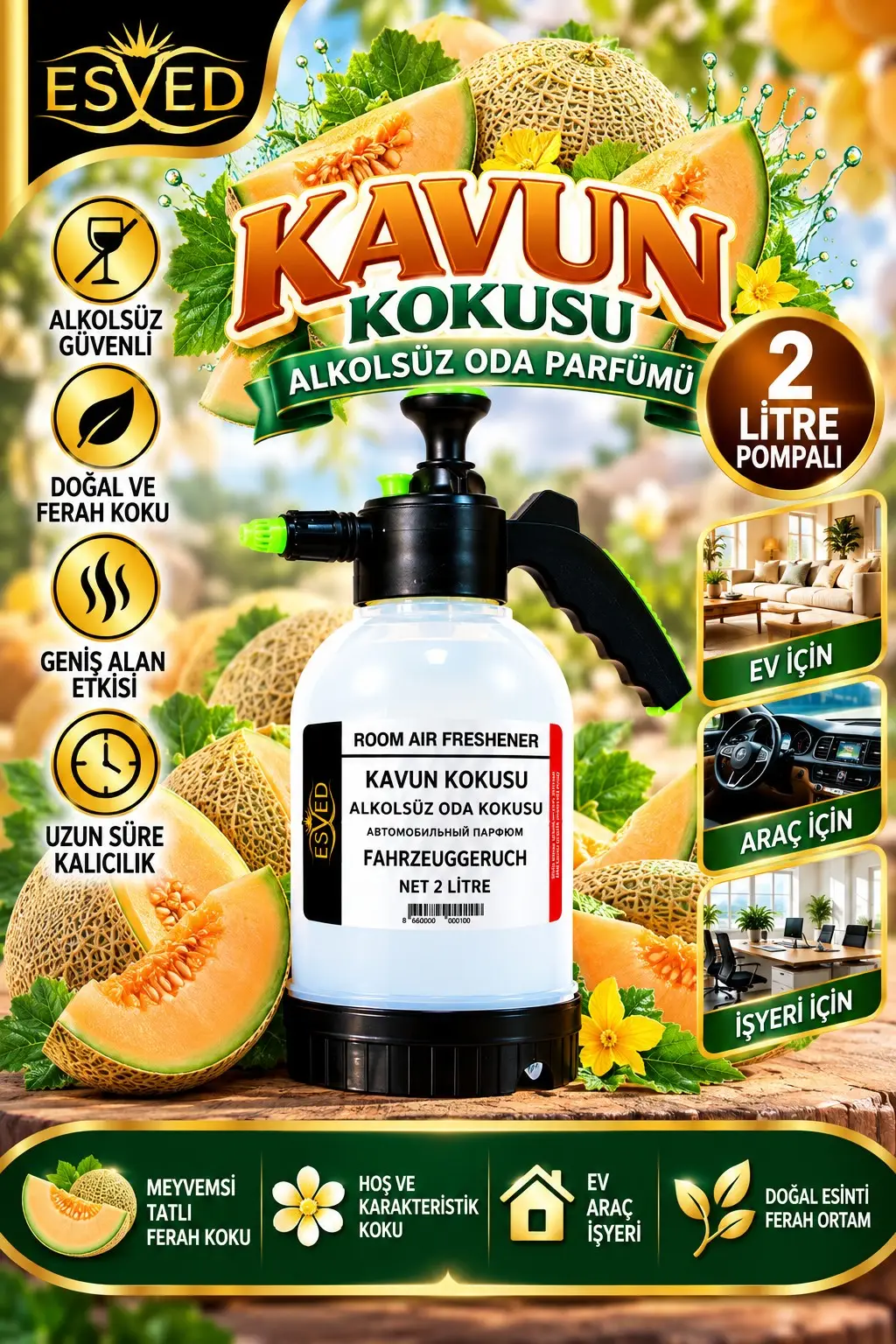 Kavun Kokusu Alkolsüz Oda Parfümü, 2 Litre Pompalı Ortam Kokusu Araç, Ev ve İşyeri Kokusu