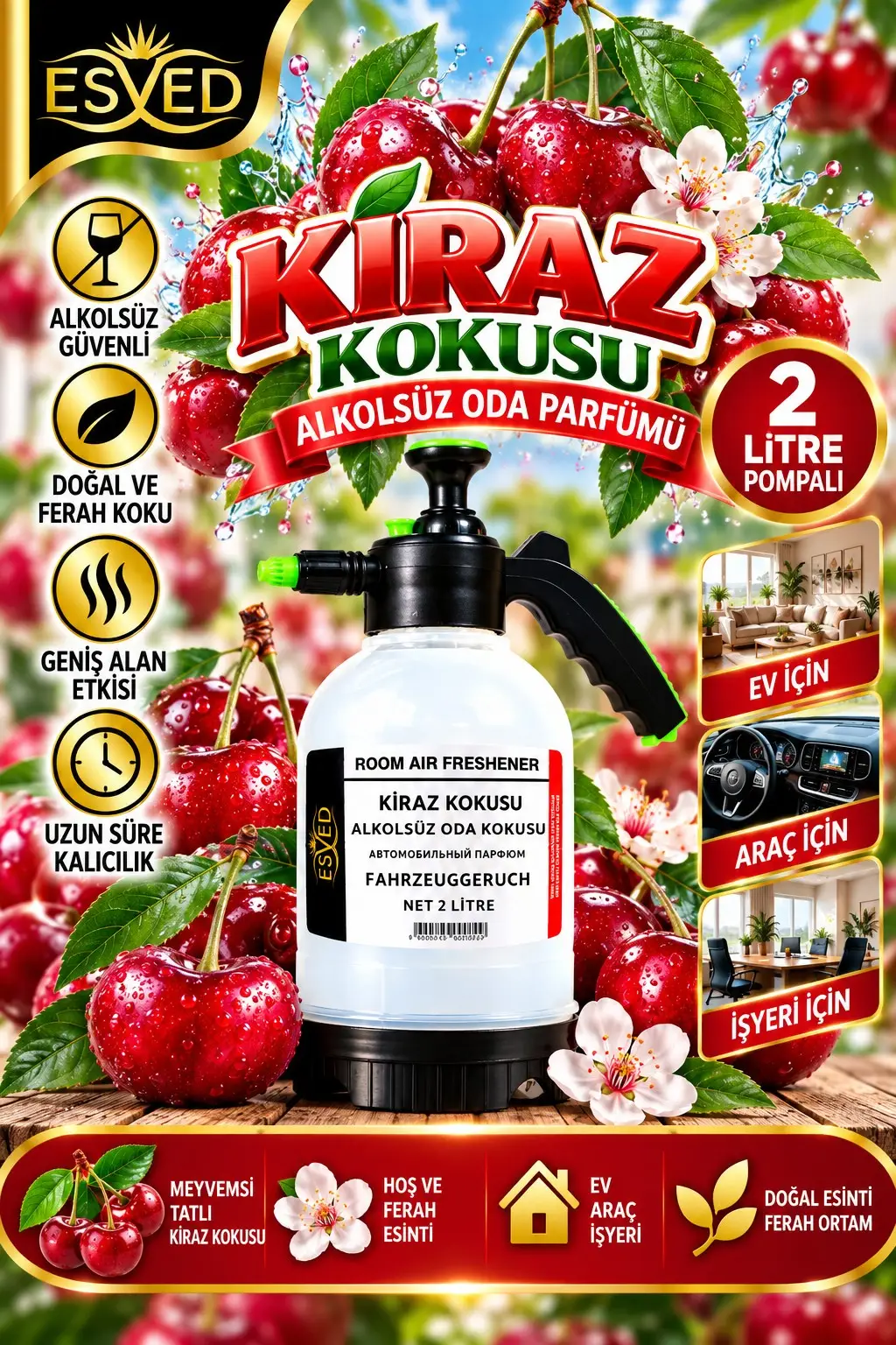 Kiraz Kokusu Alkolsüz Oda Parfümü, 2 Litre Pompalı Ortam Kokusu Araç, Ev ve İşyeri Kokusu