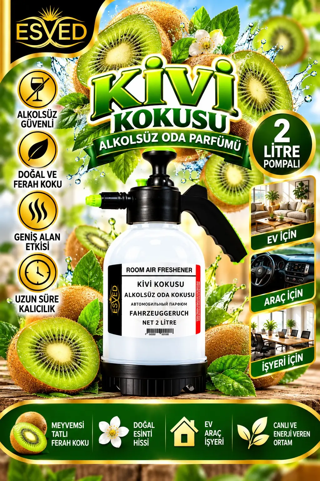 Kivi Kokusu Alkolsüz Oda Parfümü, 2 Litre Pompalı Ortam Kokusu Araç, Ev ve İşyeri Kokusu