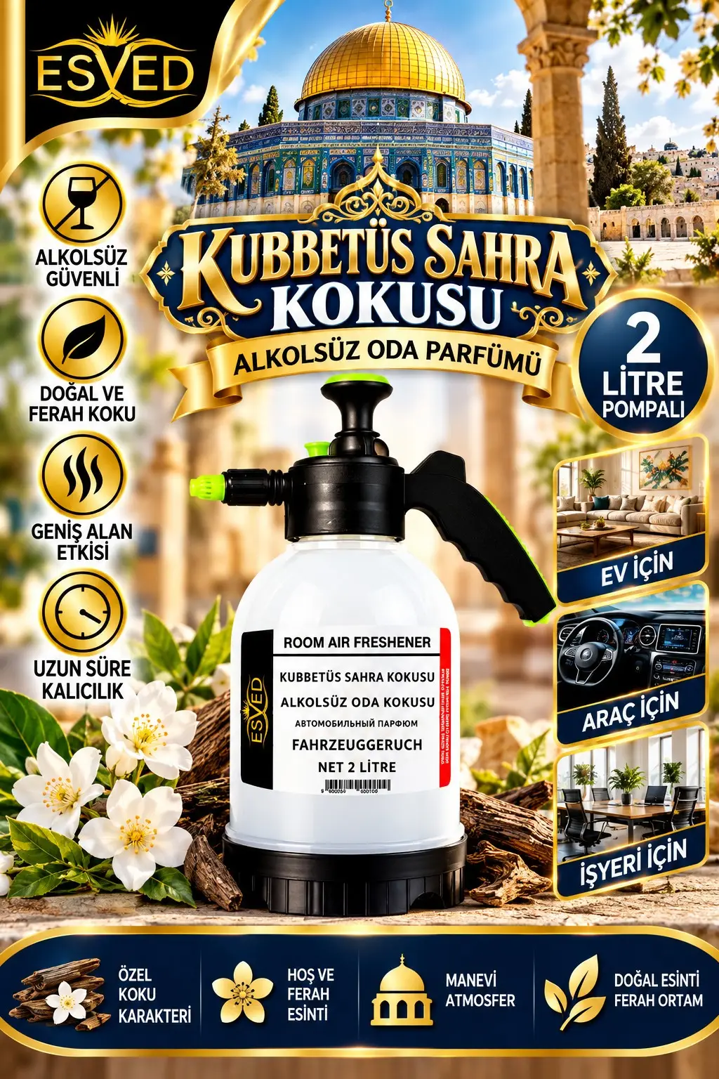Kubbetüs Sahra Kokusu Alkolsüz Oda Parfümü, 2 Litre Pompalı Ortam Kokusu Araç, Ev ve İşyeri Kokusu