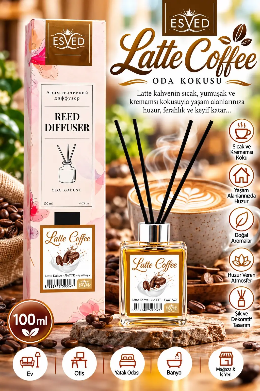 Latte Kahve Kokusu 100 Ml Çubuklu Oda Kokusu