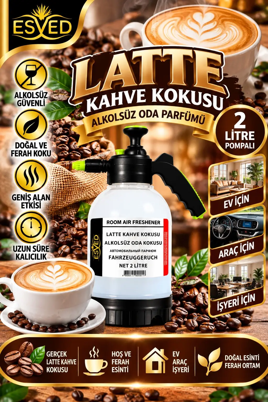 Latte Kahve Kokusu Alkolsüz Oda Parfümü, 2 Litre Pompalı Ortam Kokusu Araç, Ev ve İşyeri Kokusu