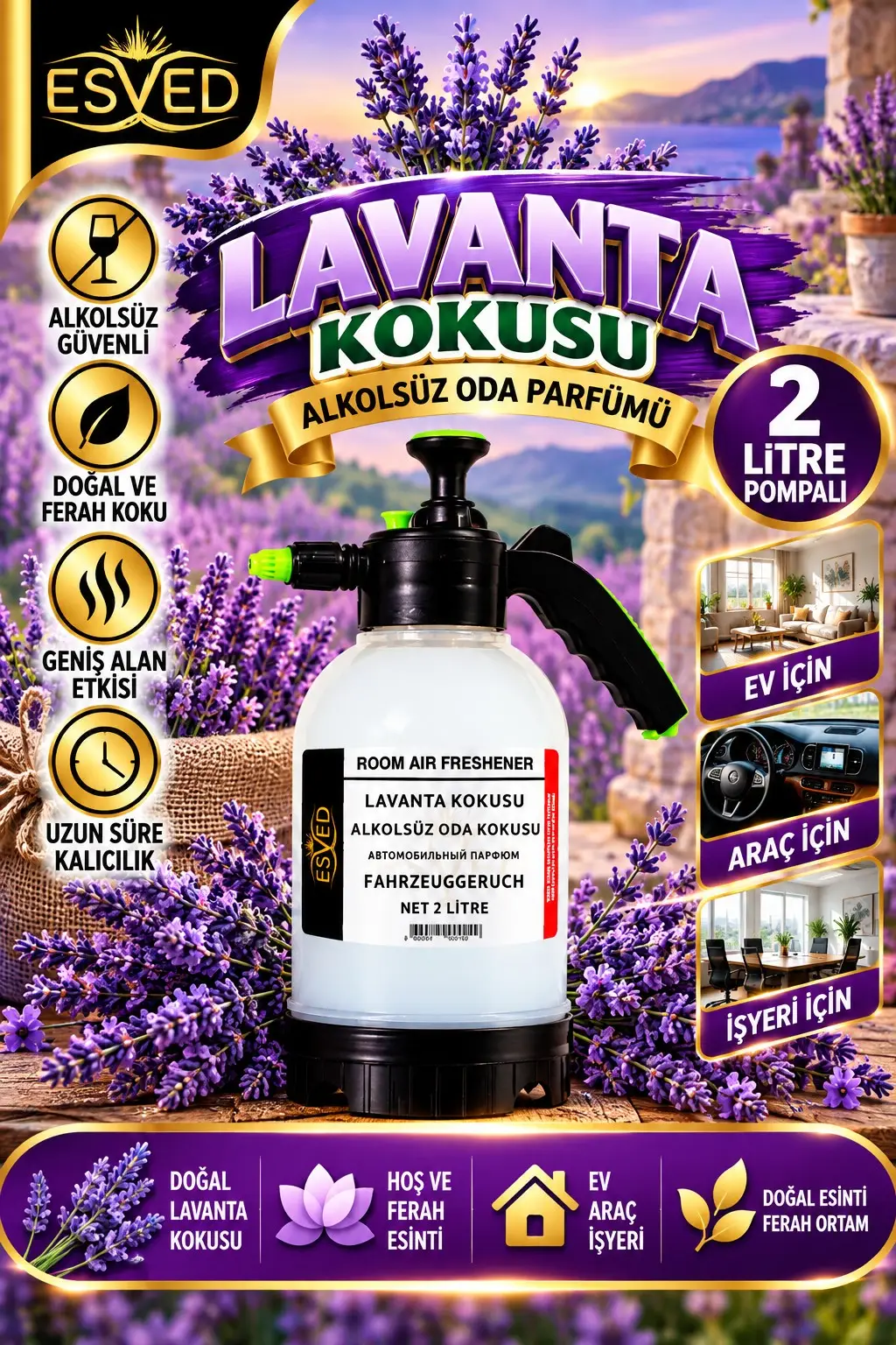 Lavanta Kokusu Alkolsüz Oda Parfümü, 2 Litre Pompalı Ortam Kokusu Araç, Ev ve İşyeri Kokusu