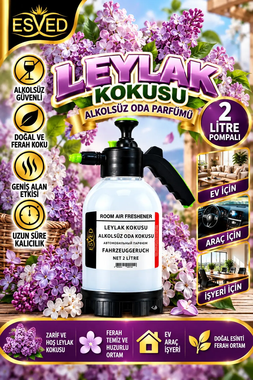 Leylak Kokusu Alkolsüz Oda Parfümü, 2 Litre Pompalı Ortam Kokusu Araç, Ev ve İşyeri Kokusu