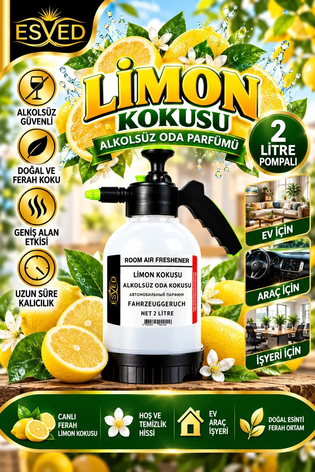 Limon Kokusu Alkolsüz Oda Parfümü, 2 Litre Pompalı Ortam Kokusu Araç, Ev ve İşyeri Kokusu