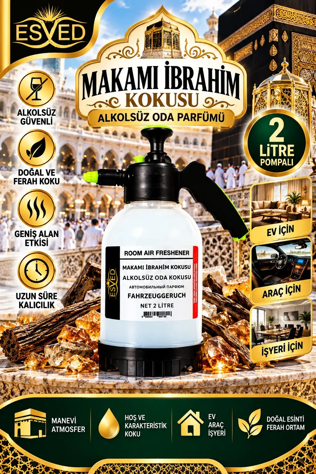 Makamı İbrahim Kokusu Alkolsüz Oda Parfümü, 2 Litre Pompalı Ortam Kokusu Araç, Ev ve İşyeri Kokusu