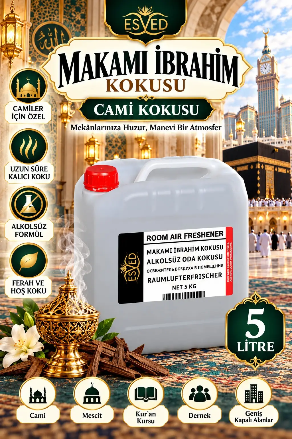 Makamı İbrahim Kokusu Alkolsüz Oda Parfümü, Ortam Kokusu, Araç ve Ev Kokusu 5 Litre